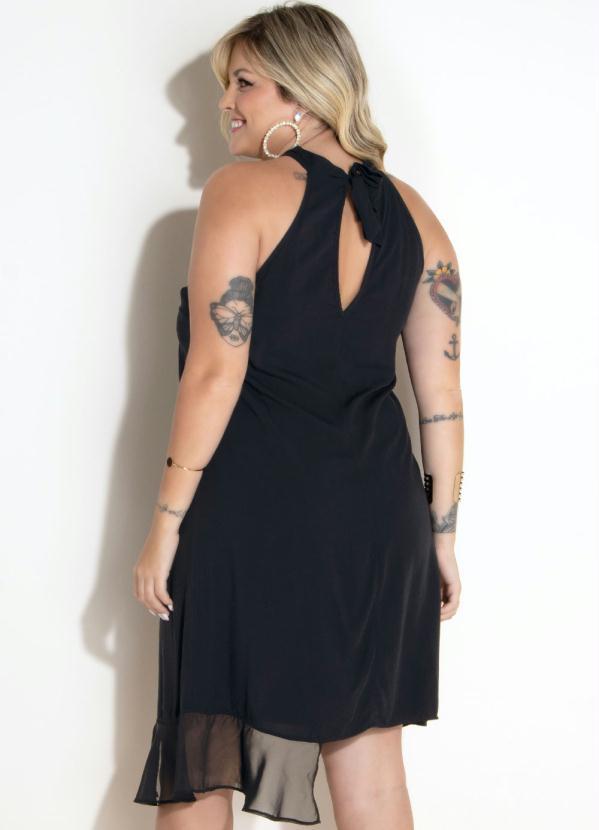 Quintess - Vestido Gola Alta com Tiras e Babados Preto 6