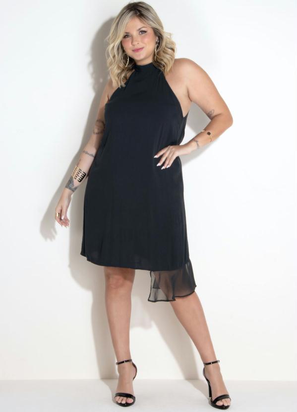 Quintess - Vestido Gola Alta com Tiras e Babados Preto 7