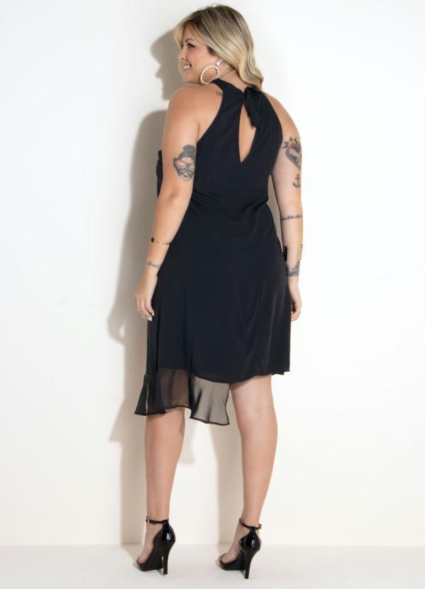 Quintess - Vestido Gola Alta com Tiras e Babados Preto 8