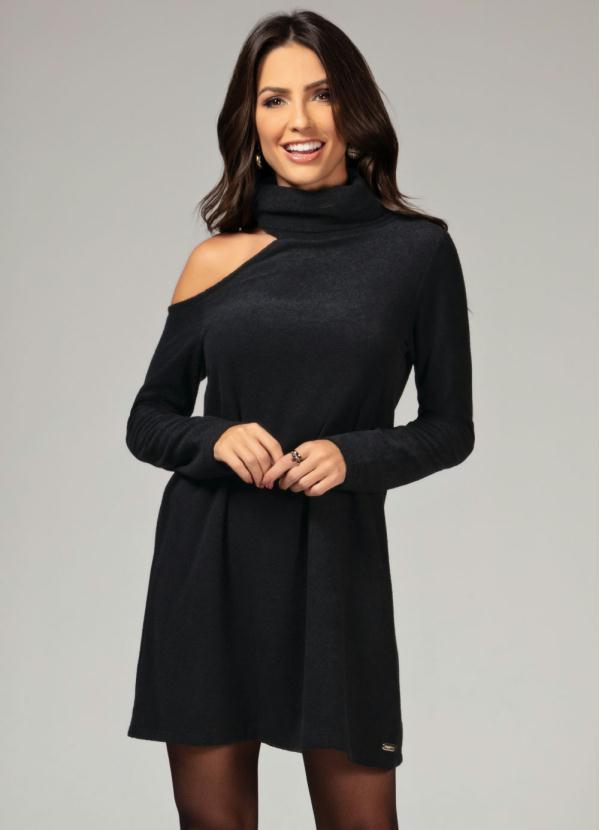 Quintess - Vestido Gola Alta e Ombro Vazado Preto 2