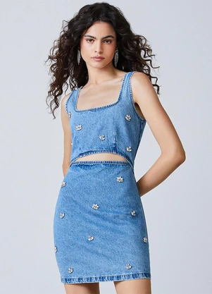 Authoria - Vestido Jeans com Abertura e Pedrarias Azul - AUTHORIA