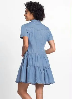 bonprix - Vestido Jeans com Babados Azul Claro - BONPRIX