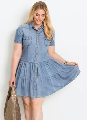 bonprix - Vestido Jeans com Babados Azul Claro - BONPRIX