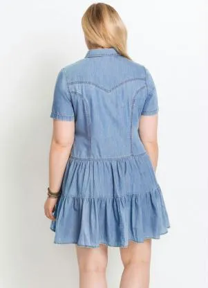 bonprix - Vestido Jeans com Babados Azul Claro - BONPRIX