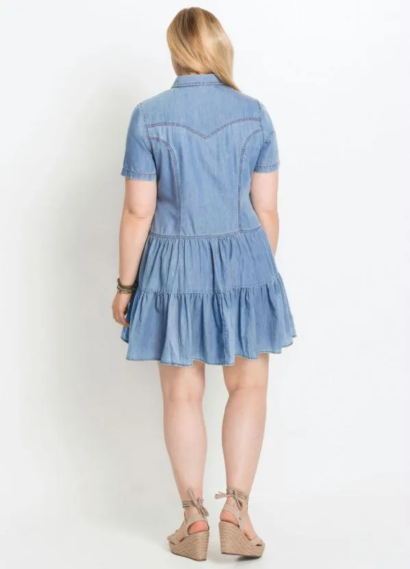 bonprix - Vestido Jeans com Babados Azul Claro 10