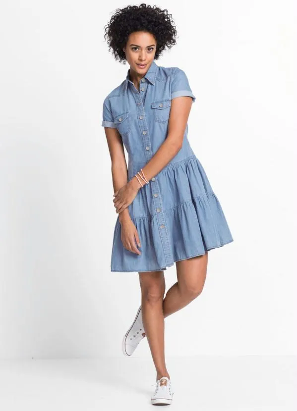 bonprix - Vestido Jeans com Babados Azul Claro 4