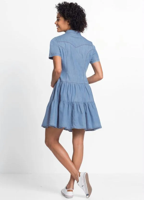 bonprix - Vestido Jeans com Babados Azul Claro 5