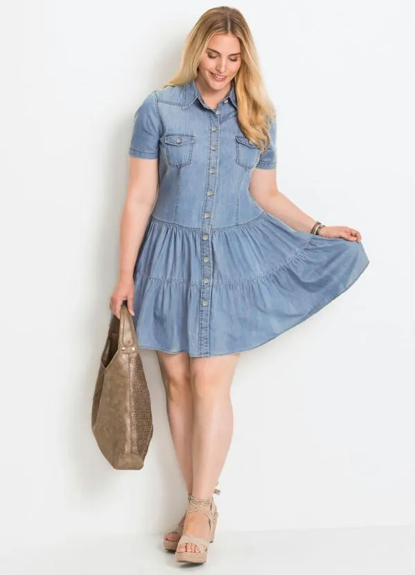 bonprix - Vestido Jeans com Babados Azul Claro 9