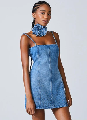 Authoria - Vestido Jeans com Recortes e Strass Azul - AUTHORIA