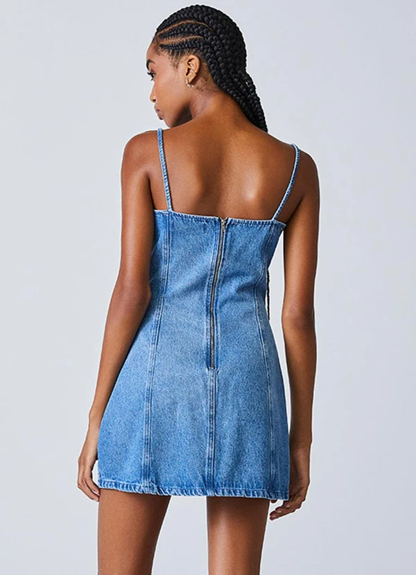 Authoria - Vestido Jeans com Recortes e Strass Azul 2