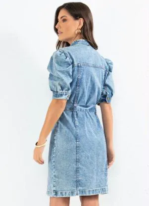 Quintess - Vestido Jeans Curto com Mangas Bufantes e Botões - QUINTESS