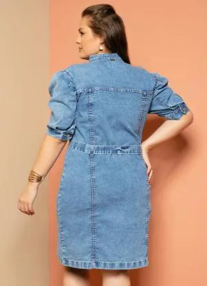 Quintess - Vestido Jeans Curto com Mangas Bufantes e Botões - QUINTESS