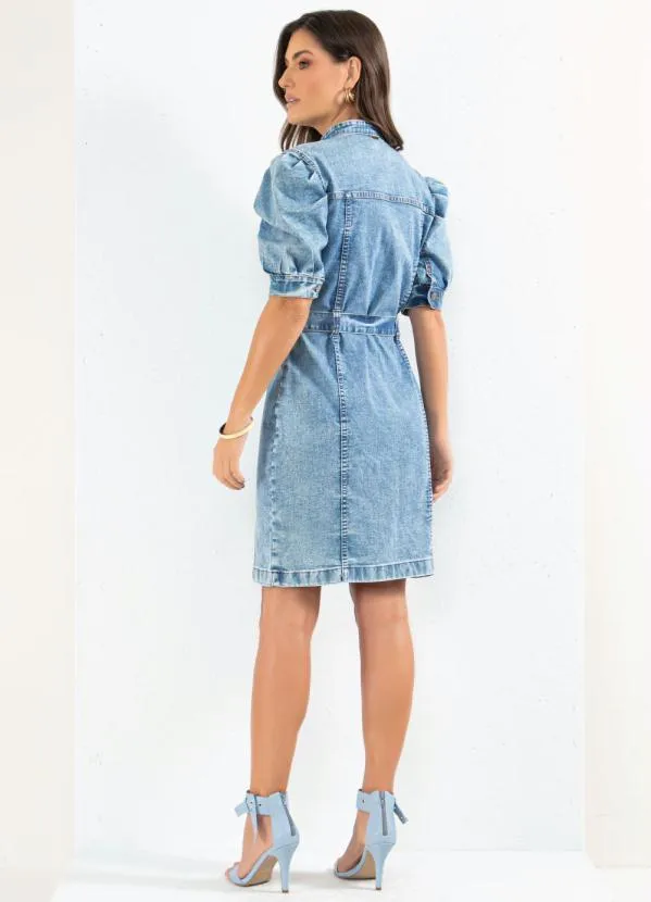 Quintess - Vestido Jeans Curto com Mangas Bufantes e Botões 4
