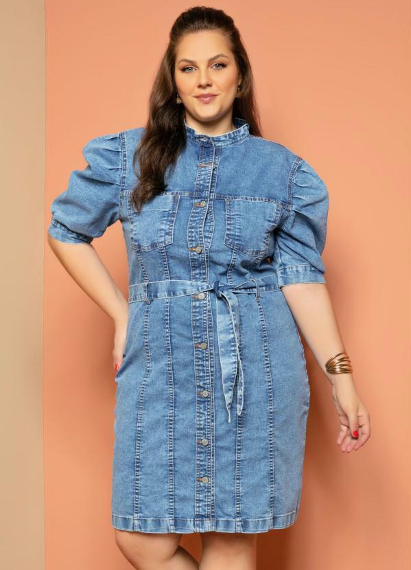 Quintess - Vestido Jeans Curto com Mangas Bufantes e Botões