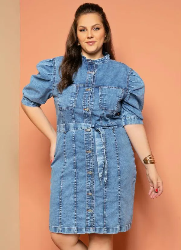 Quintess - Vestido Jeans Curto com Mangas Bufantes e Botões 6