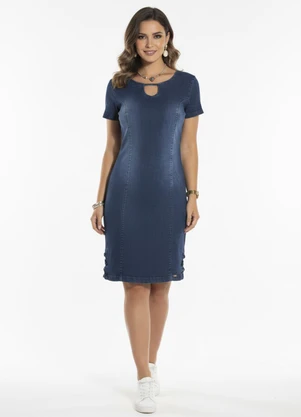 Quintess - Vestido Jeans Escuro com Fenda e Zíper - QUINTESS