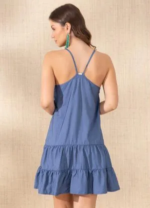 Quintess - Vestido Jeans Leve Azul com Babado - QUINTESS