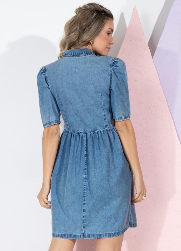 Quintess - Vestido Jeans Médio Curto com Gola e Bolsos 10