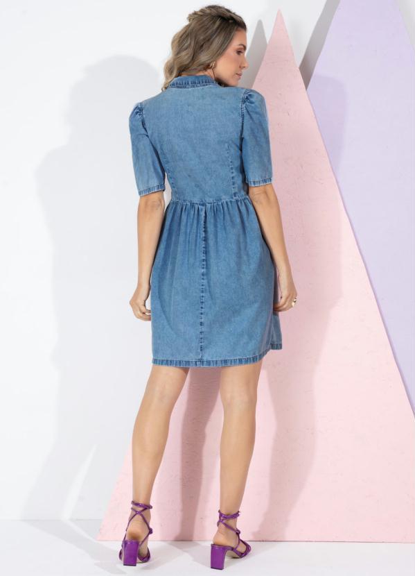 Quintess - Vestido Jeans Médio Curto com Gola e Bolsos 8