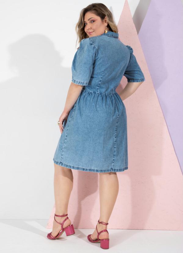 Quintess - Vestido Jeans Médio Curto com Gola e Bolsos 3