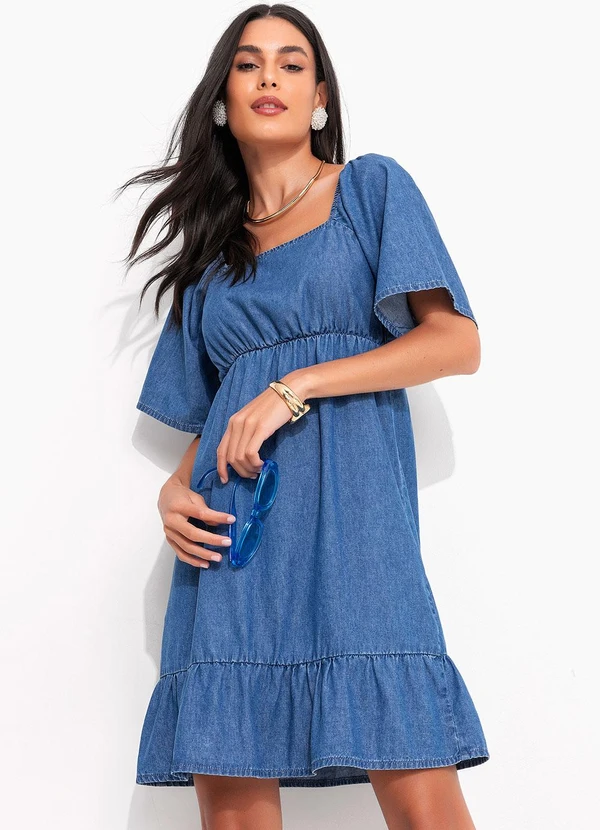 Quintess - Vestido Jeans Médio em Jeans Leve