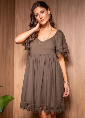 Quintess - Vestido Khaki em Voil de Algodão - QUINTESS
