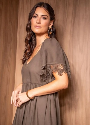 Quintess - Vestido Khaki em Voil de Algodão - QUINTESS