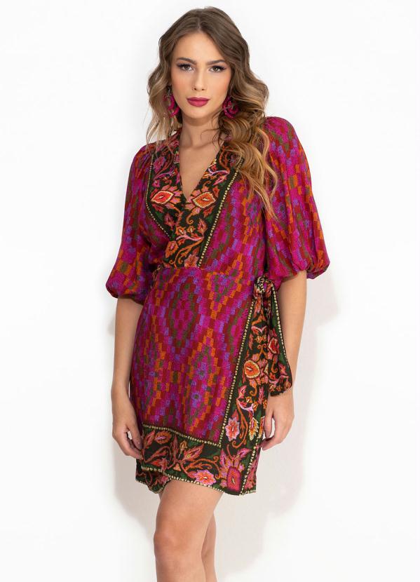 Farm - Vestido Kimono de Viscose Lenço Tear Rosa