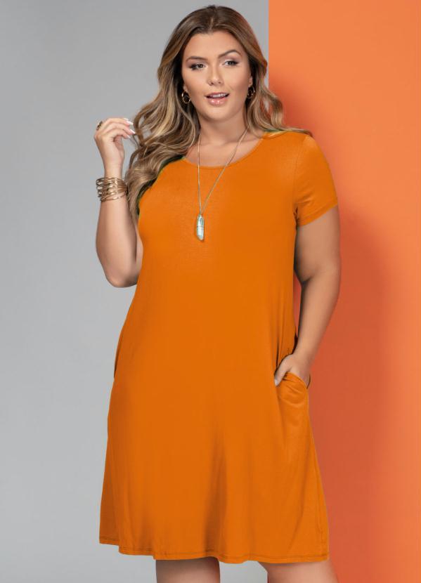 Quintess - Vestido Laranja com Bolsos e Mangas Curtas 5