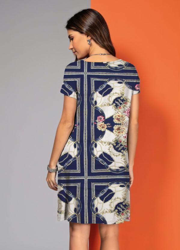 Quintess - Vestido Lenço Azul com Bolsos e Mangas Curtas 2