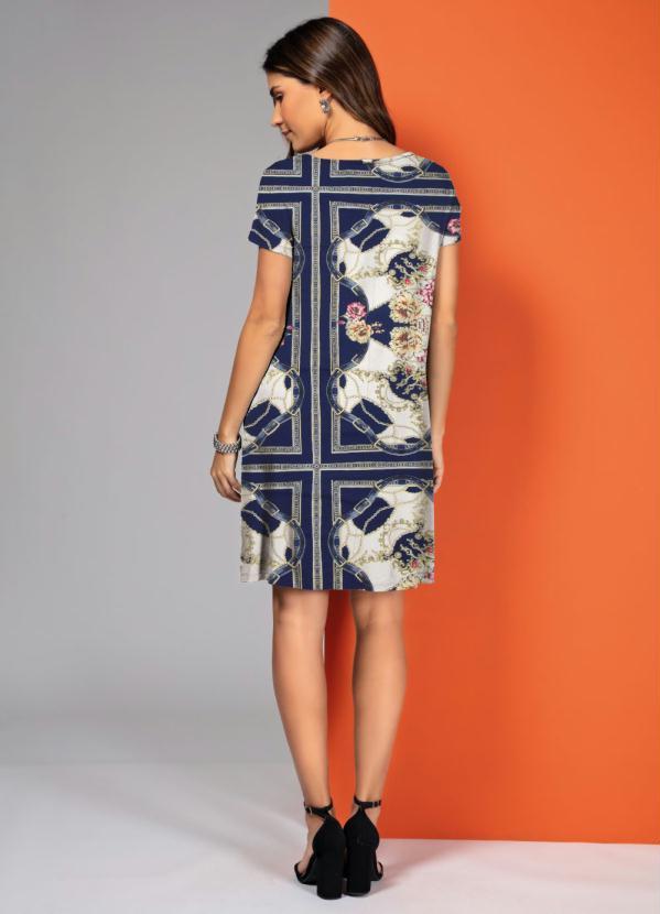 Quintess - Vestido Lenço Azul com Bolsos e Mangas Curtas 4