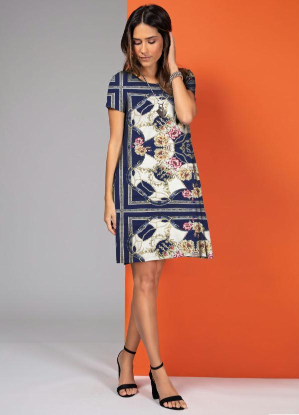 Quintess - Vestido Lenço Azul com Bolsos e Mangas Curtas 5