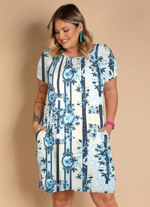 Quintess - Vestido Lenço Bege com Bolsos e Mangas Curtas - QUINTESS