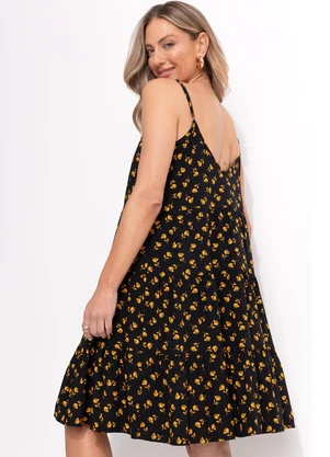 Quintess - Vestido Liberty Preto em Viscose Plana - QUINTESS