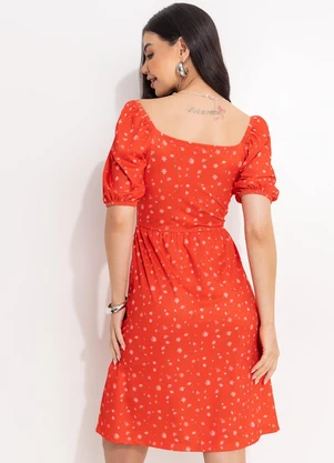 Quintess - Vestido Curto Liberty Vermelho com Mangas Bufantes e Decote Quadrado - QUINTESS