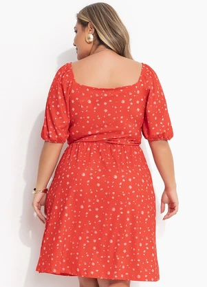 Quintess - Vestido Curto Liberty Vermelho com Mangas Bufantes e Decote Quadrado - QUINTESS