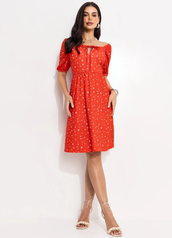 Quintess - Vestido Curto Liberty Vermelho com Mangas Bufantes e Decote Quadrado 3