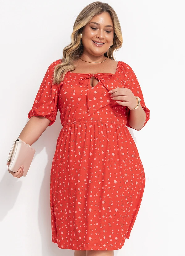 Quintess - Vestido Curto Liberty Vermelho com Mangas Bufantes e Decote Quadrado 6
