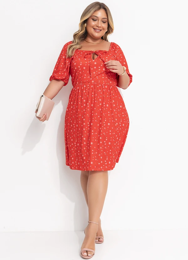 Quintess - Vestido Curto Liberty Vermelho com Mangas Bufantes e Decote Quadrado 8