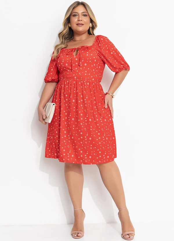 Quintess - Vestido Curto Liberty Vermelho com Mangas Bufantes e Decote Quadrado 10
