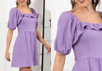 Vestido Lil�s em Tecido Plano Texturizado