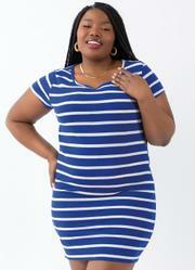 Vestido Listrado Azul com Mangas Curtas