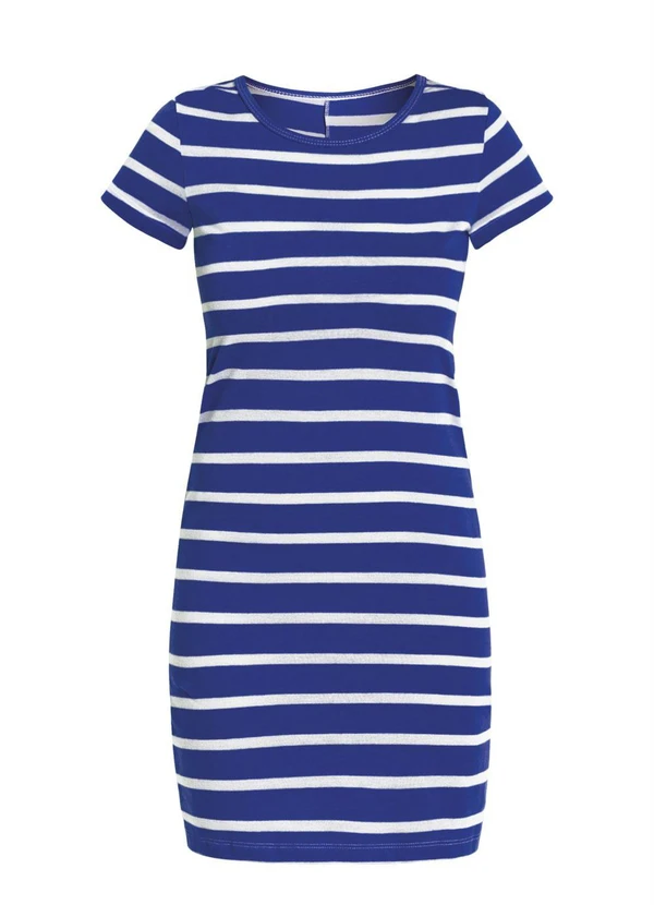 Moda Pop - Vestido Listrado Azul com Mangas Curtas 10