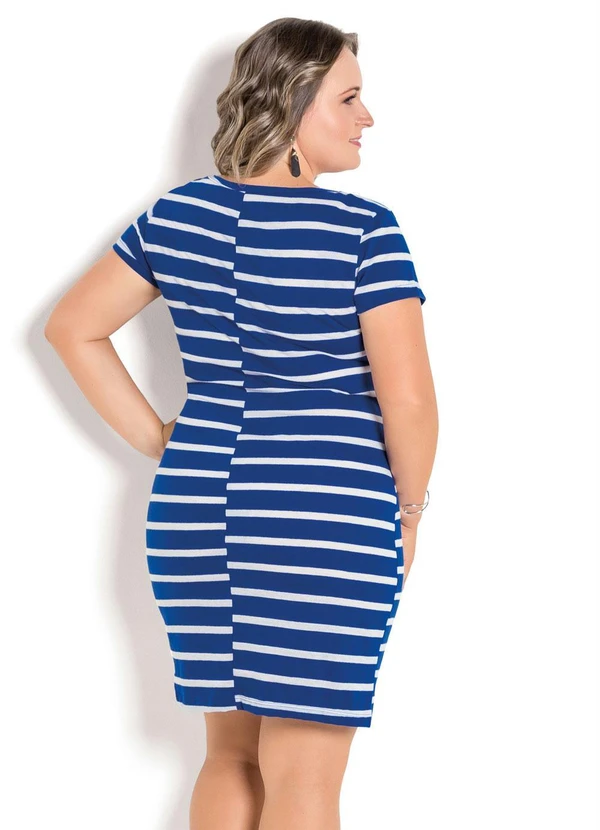Moda Pop - Vestido Listrado Azul com Mangas Curtas 12
