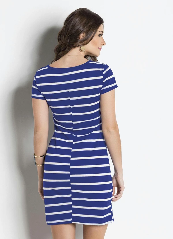 Moda Pop - Vestido Listrado Azul com Mangas Curtas 6