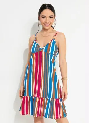 Moda Pop - Vestido Listrado Azul com Transpasse no Decote - MODA POP
