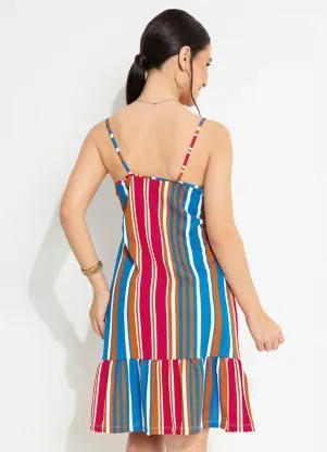 Moda Pop - Vestido Listrado Azul com Transpasse no Decote - MODA POP