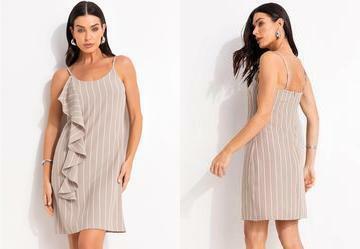 Vestido Listrado Bege em Alfaiataria