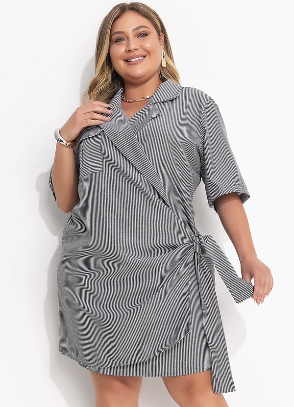 Quintess - Vestido Listrado Cinza em Plano de Alfaiataria 6