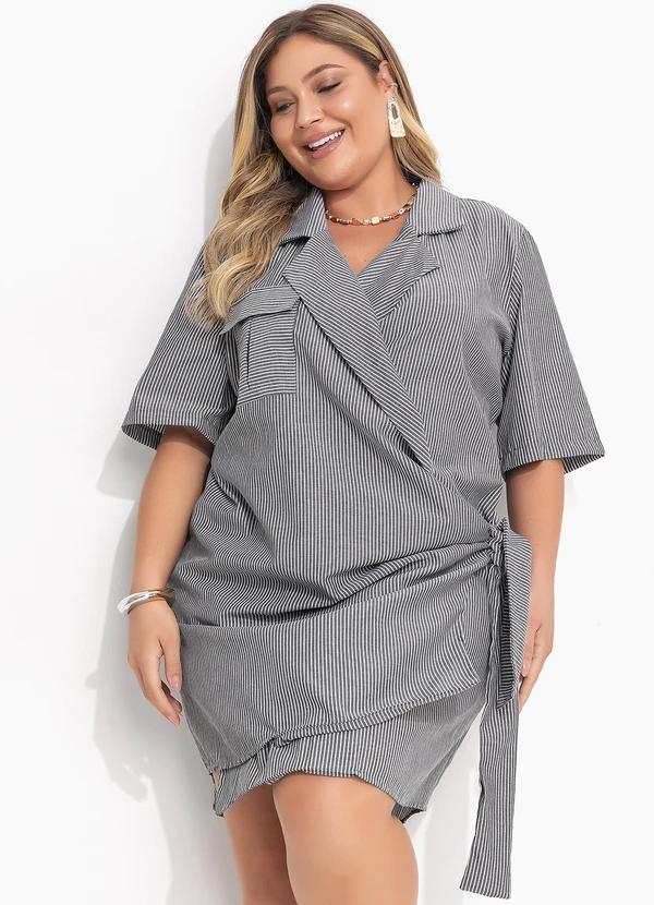 Quintess - Vestido Listrado Cinza em Plano de Alfaiataria 10